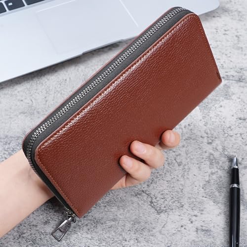Long Casual Men's Wallet Zipper Section, Ticket Holder Coin Wallet Large Capacity - Light Brown