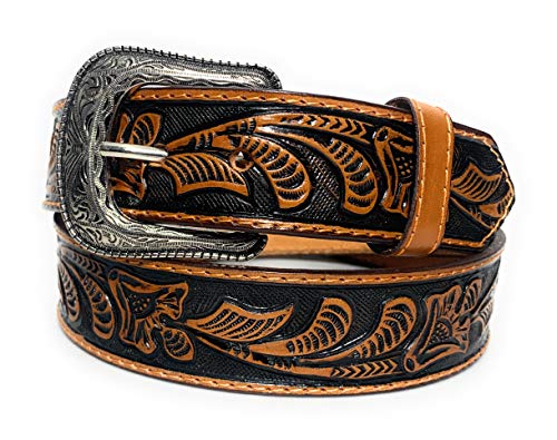 Western Tooled Leather Belt Cowboy Rodeo Casual Floral Embossed Belt (52, Honey)