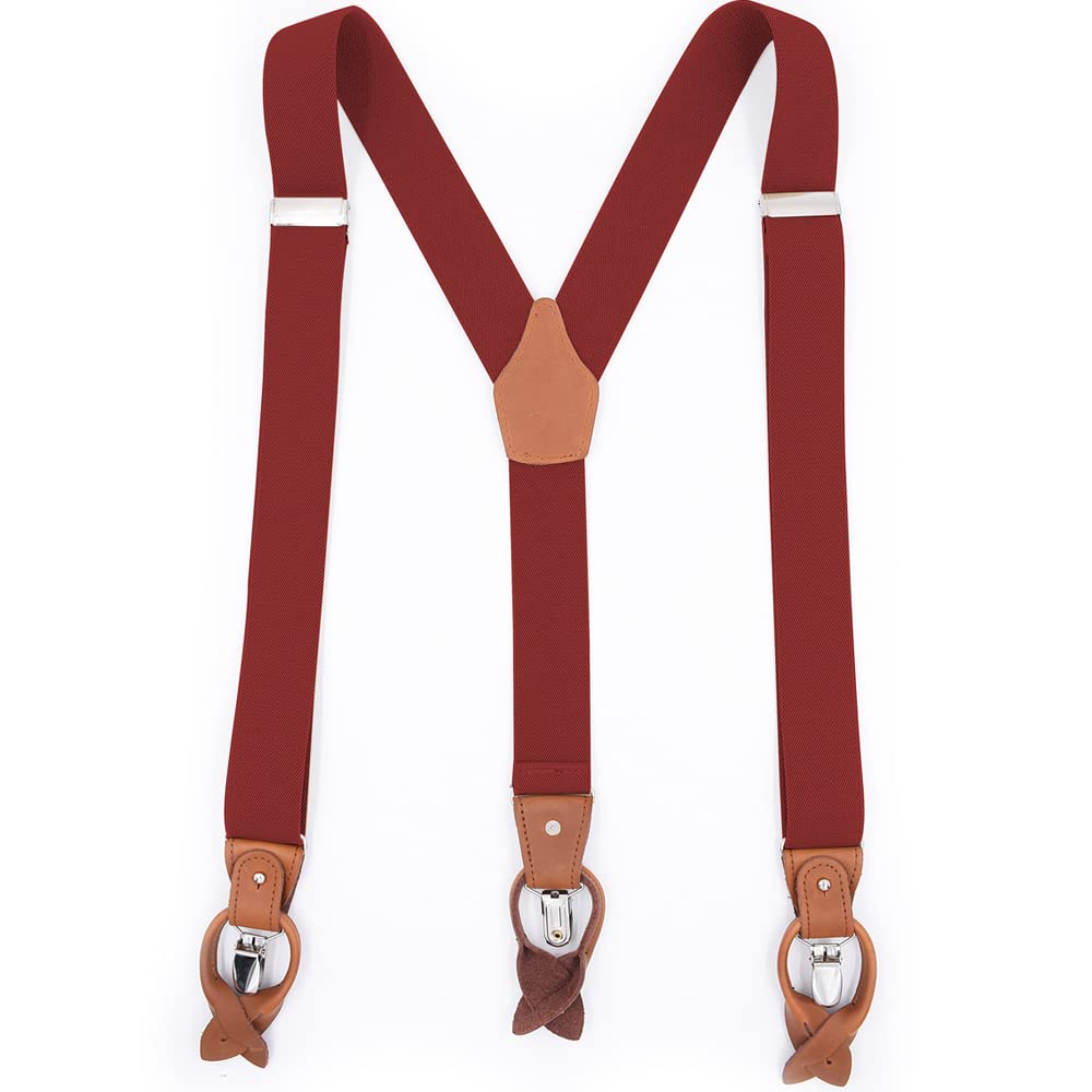 YYKSYDPT Braces for Men Trousers with Very Strong Clips and Buttons 35 MM Wide Duty Y Style Adjustable Brace Suspenders Convertible Leather Ends (Wine)