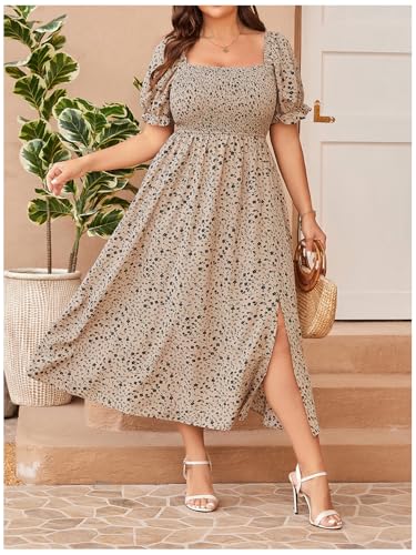 Image of Verdusa Women's Plus Size Boho Floral Long Dress Square Neck Shirred Flowy Wedding Guest Dresses