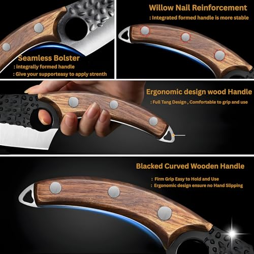 Image of Professional Japanese Chef Knife with Hammered Damascus Steel Blade, Wooden Handle, Premium Kitchen Cutlery, Leather Sheath Included (Wooden Handle)