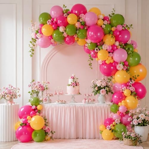 Image of Pink Yellow Green Balloons, 60 Pcs 12 Inch Olive Green Yellow Peach Pink Rose Red Latex Balloons for Summer Birthday Baby Shower Party Decorations