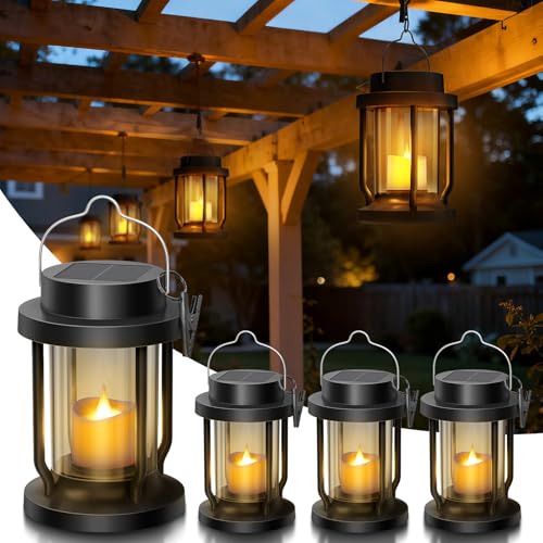 Solar Lanterns Outdoor Waterproof - Realistic Flickering Flameless Candle for Outdoor & Indoor Hanging Lights, Garden/Patio/Trees/Lawn Decor 4 Pack