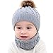 Fossen Invierno Bebe Gorros con Pompon Y Bufanda de Punto Cuello Redondo para 0-24 Meses Niña Niño (Gris)