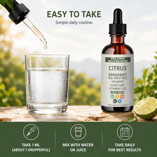 Image of velora Red Yeast Rice Drops with Citrus, Bergamot, Red Yeast Rice, Soursop, Olive Leaf, Vitamin C+D, Non-GMO, Vegan 2 fl oz