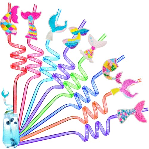 YOUYIKE 8 Pcs pailles enfants reutilisables, Sirène Straws Spirale, pailles réutilisables, Pailles en Sirène pour les Enfants, pour fête d'anniversaire d'enfants, Décoration de Table Fête