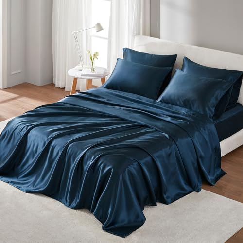 Image of Madison Park Essentials Satin Sheets King Bed Set, 6 Pcs, Midnight Blue | Luxury and Smooth Silky Bedding with Natural Sheen, All Around Elastic 14 inch Pocket fits up to 16 inch Mattress, Year-Round Cozy