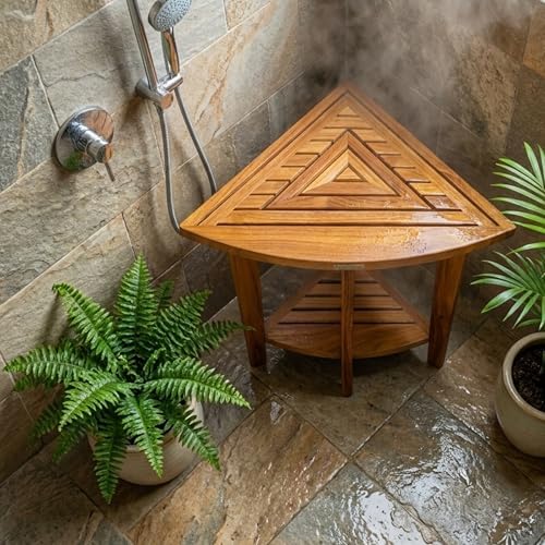 Teak Corner Shower Bench Stool, Waterproof, Leveling Feet, Teak Oil Finish - 1
