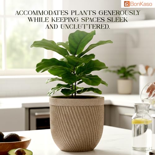 Image of Bonkaso 12 Inch Seltos Ribbed Planter for Indoor & Outdoor Use | Round Heavy Duty Polymer Flower Pot | Lightweight Weather Resistant Modern Gamla for Living Room Balcony & Terrace (Beige)