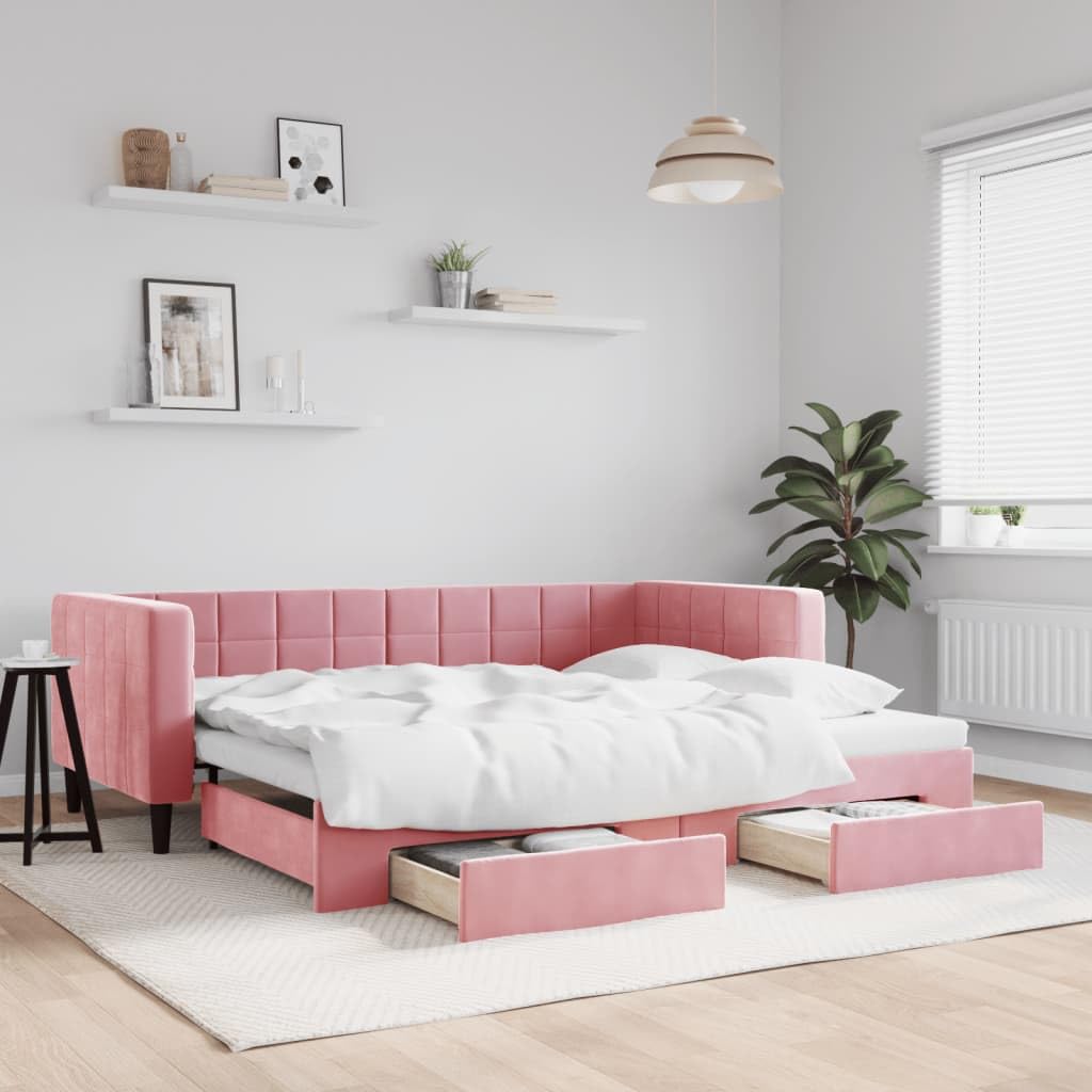 Sofa 2 w 1 z łóżkiem gniazdowym i szufladami, rozkładana dwuosobowa sofa z schowkiem, aksamitna tapicerka, drewniana i metalowa rama do salonu