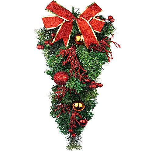 JOJAZE Artificial Christmas Teardrop Swag with Pine Cones Ribbon Bow Hanging Pine Needle Artificial Teardrop Swag Christmas Swag for Indoor Outdoor Home Wall Door Hanging Decor