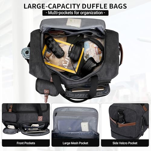 WITZMAN Canvas Weekender Bag Mens Overnight Bag for Traveling Carry on Duffle Bags with Shoes Compartment（A8010 Black）3