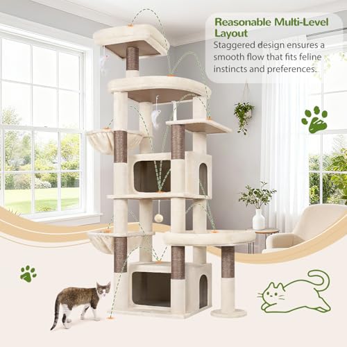 Image of Globlazer 75in Sturdy Cat Tree for Large Cats, Heavy Duty Multi-Level Cat Tower for Indoor Cats with Extended Platform, 2 Spacious Condos, 2 Padded Perches, 6 Sisal Scratching Posts, S75, Beige