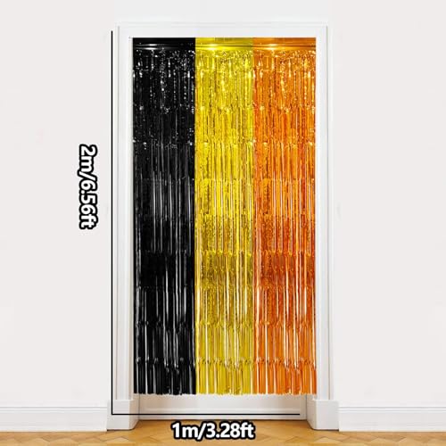 Image of 2 Pack Construction Foil Fringe Curtains Backdrop Birthday Party Decorations Supplies, 3.28 x 6.56 Ft Yellow Orange Black Tinsel Streamer Photo Booth Props for Truck Party Decor Favors