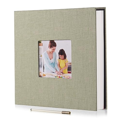 HoneyTolly Large Photo Album Self Adhesive with Picture Display Window, DIY Scrapbook Album for 4x6 8x10 Pictures, 40 Pages Linen Cover Memory Book with Scraper and Metallic Pen(Grass Green)