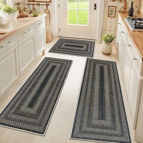HEBE Washable Kitchen Rugs Sets of 3, Non Slip Absorbent