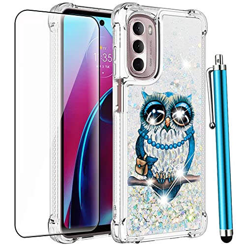 Caiyunl For Moto G Stylus 5G 2022 Case With Glass Screen Protector, Liquid Glitter Bling Floating Girls Women Cute Shockproof Protective Soft Tpu Phone Case For Motorola Moto G Stylus 5G 2022 -Owl #TOP8