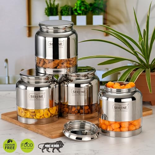 Image of Serene Stainless Steel Exotic See-Through Jar | Airtight Jars for Kitchen Storage | Premium Steel Jars with One Turn Lock Lid | Transparent Stainless Steel Containers | 1500ML | 4 PC