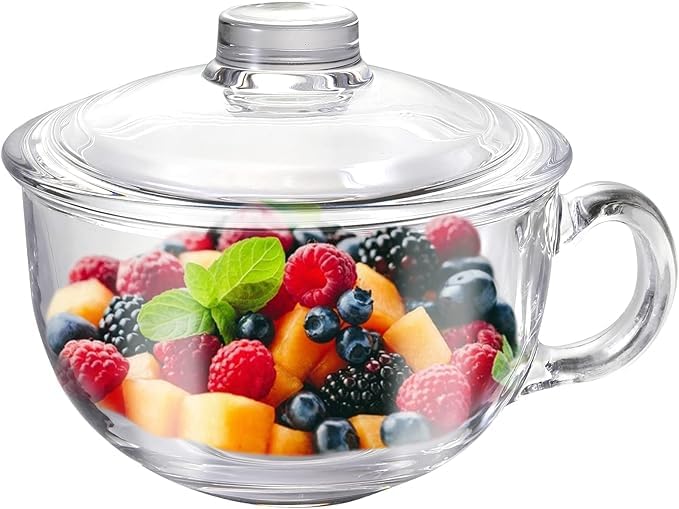 Image of PrimeWorld Glass Cereal Bowl with Handle and Lid - Clear Small Soup, Yogurt, Oatmeal Breakfast Bowl - Microwave Safe Glassware for Dessert, Pasta, Rice - 600ml Capacity-Set of 1pc