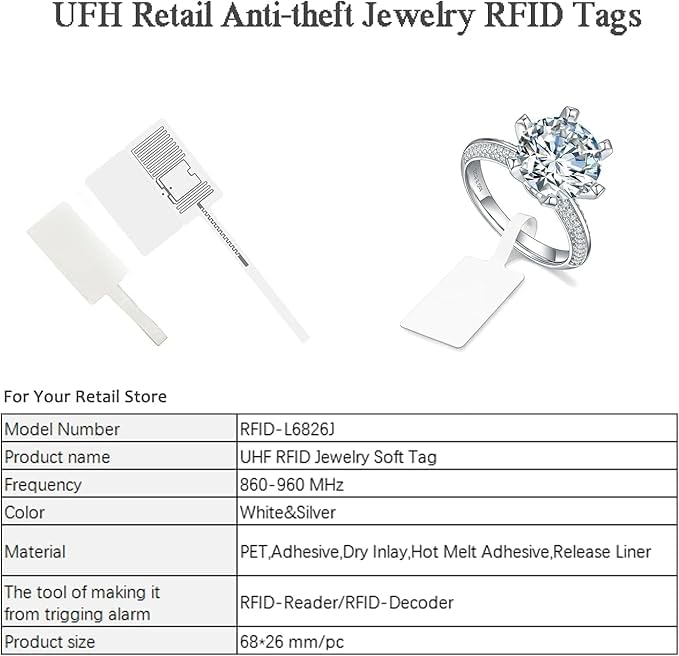 Image of UHF 860-960MHz RFID Security Tag,Anti-Theft Soft Tag Sticker Long Range Sensing Retail Anti Theft Equipment ISO /IEC 18000-6C 96-bit for Retail Jewelry Stores (Jewelry Tags) 100Pcs