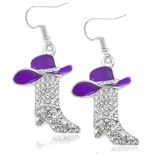 Rhinestone Western Boots Earrings Cowgirl Cowboy Enamel Hat Bohemian Rodeo Boot Drop Dangle Earrings for Women Purple Hat