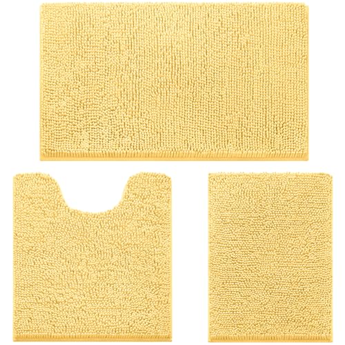 HOMEIDEAS 3 Pieces Bathroom Rugs Ultra Soft Non Slip Absorbent Chenille Toilet Bath Mat Set (Yellow)