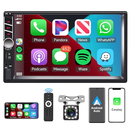 Podofo Double Din Car Stereo with Carplay and Android Auto, 7 Inch HD Touchscreen Car Radio Support Mirror Link/FM/USB/TF/Aux-in/RCA/Bluetooth Car Audio Receiver with Backup Camera