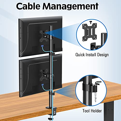 Image of MOUNTUP Dual Monitor Stand, Vertical Mount for 2 Max 32 inch Stack Screen Monitors, Height Adjustable, Swivel, Tilt Monitor Desk Mount with C Clamp Grommet Base, MU3004