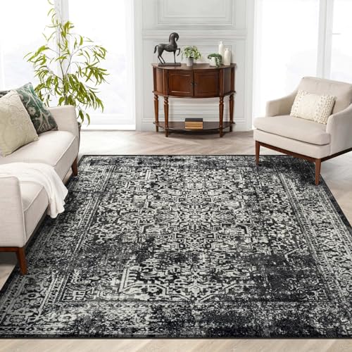 vivorug 8x10 Area Rugs, Stain Resistant Washable Rug for Living Room, Vintage-Inspired Black and White Rug