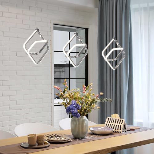 Image of Modern LED Chandelier Chrome Rectangular Pendant Light Fixtures 4000K 20W Dimmable Height Adjustable Pendant Lighting for Dining Room Kitchen Island Bedroom Living Room Foyer(3-Pack)