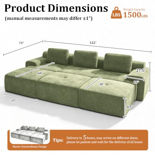 Image of 122 inch Oversized Boneless Couch, Comfort Cloud Sectional Couches for Living Room, Modular Sofa High Back & Extra Deep Seat, No Assembly, Soft Chenille Fabric (Olive Green, 122 inch-（3+3）)