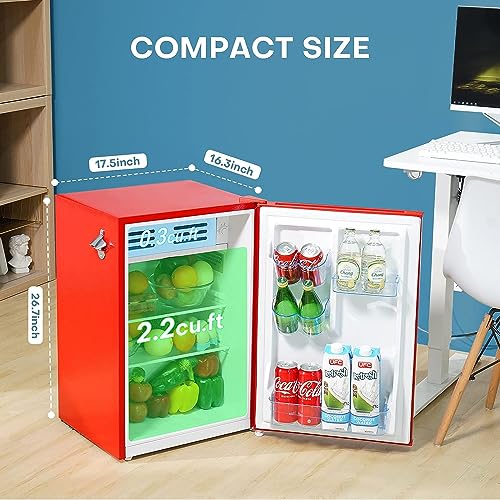 Upstreman 2.5 Cu.ft Small Refrigerator, Mini Fridge with Freezer, Red Retro Mini Fridge, Manual Defrost, Adjustable Thermostat, Side Bottle Opener, Small Fridge for Office, Bedroom, Dorm, Bar-CR25