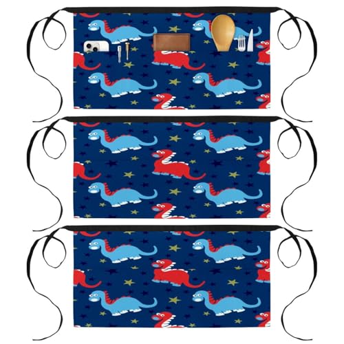 Tablier court de chef lot de 3 avec poches pour cuisine motif dinosaure