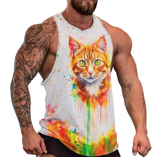 GZFKELIOI Men's Cat Tank Tops 3D Galaxy Animal Print Casual Sleeveless T-Shirt Summer Cool Crew Neck Graphic Tees,Colorful Paint Splatter Cat,5XL