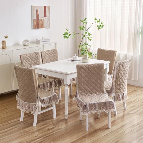 Image of HOMETHREADS Vintage Dining Chair Protector Cover, Quilted Cotton with Lace Frills, Easy Slip-On Design, Protects Seat & Backrest While Keeping Chair Visible, Washable & Reusable, Khaki (Pack of 4)