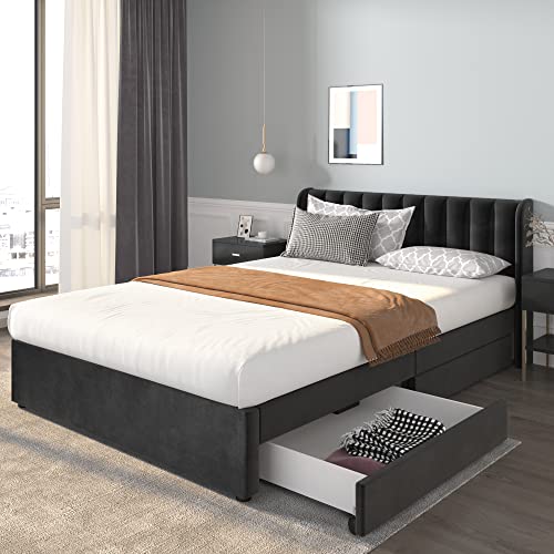 Crlnaup Cama tapizada 140 x 200 cm terciopelo con somier de listones respaldo 2 cajones negro