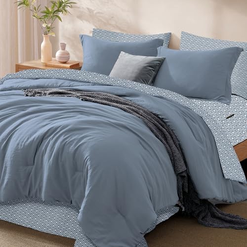 Image of Monbix Full Size Comforter Sets-7 Pieces Soft Bed in a Bag Full Bedding Set | All Season Oxford Blue Prewashed Comforter Bed Set with Striped Sheets, Pillowcases & Shams