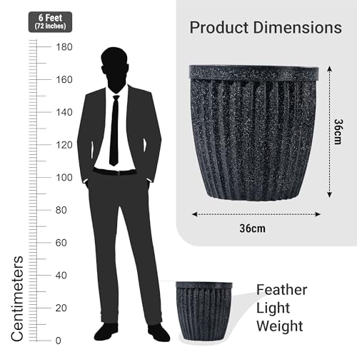 Image of Kuber Industries 14-Inch Roto Mould German Polymer Big Size Flower Pot | Indoor /Outdoor Tree Gamla Planter for Living Room, Resorts, Hotels, Terrace & Garden | Marble Pihu Neo - Black