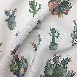 Cortinas De Tela De Lino Kt KILOtela - Tela por metros de cortina - Visillo estampado digital - 20% lino, 80% poliéster - Ancho 300 cm - Largo a elección de 50 en 50 cm | Cactus - Multicolor, blanco