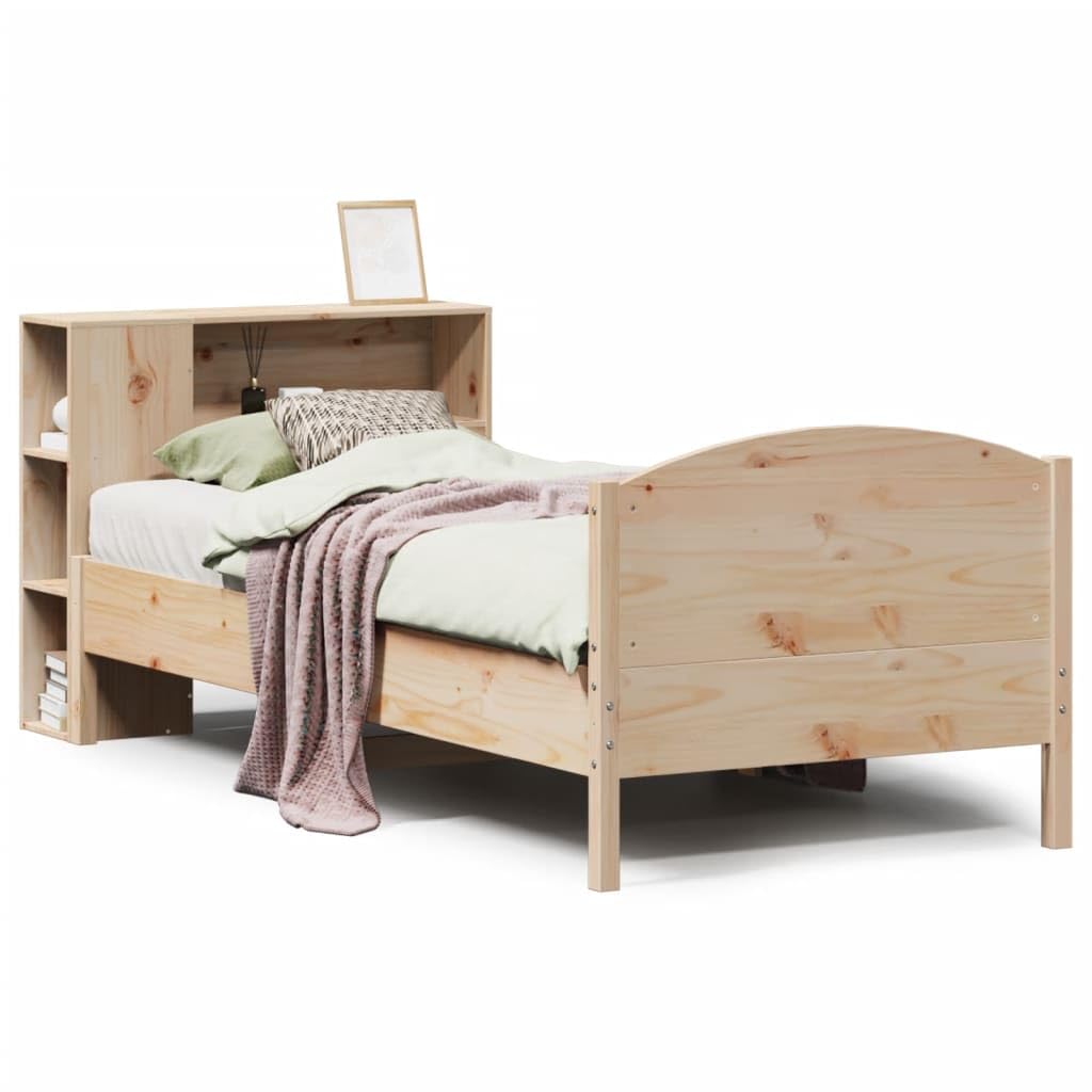 lite drewno sosnowe z regałem na książki 75x190 cm Brąz | Łóżko sosnowe z regałem 75x190 cm, drewniane łóżko z półkami, bez materaca, stelaż lity