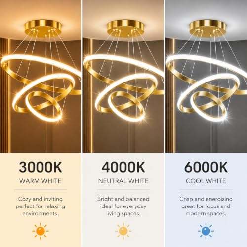 Image of Modern 3 Ring LED Pendant Chandelier, Premium Golden Finish, 3 Color Changing Modes, Adjustable Hanging Light for Living Room, Dining Room, Bedroom, Hotel & Restaurant Decor
