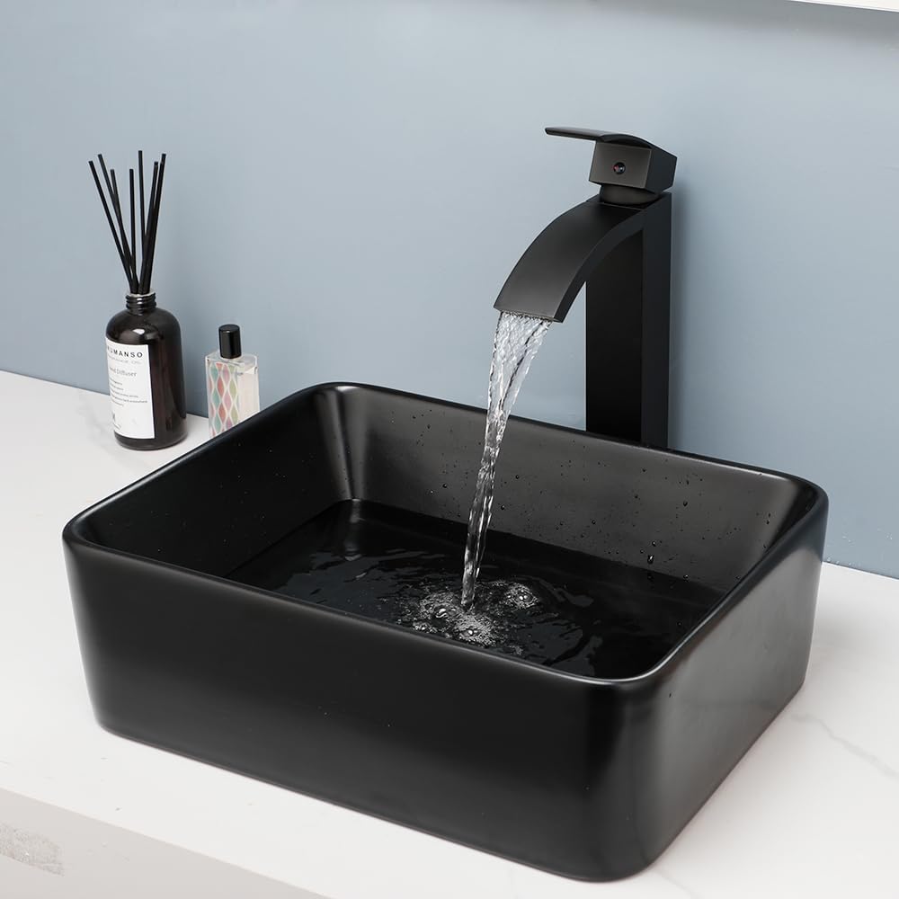 Black Rectangle Bathroom Sink 16x12" Ceramic Vessel Sinks GLOBAOSALU