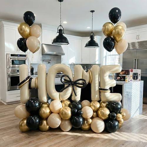 Housewarming Party Decorations - 40 Large HOME Letter Balloons White Black Gold Balloon Garland Black & Metallic Long Balloons for Minimalist New Home Sweet House Warming Homecoming Party