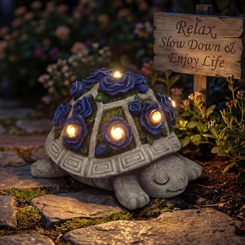 Solar Garden Outdoor Decor Turtle Statue, Dark Blue Roses & 7 LED Lights - image 7