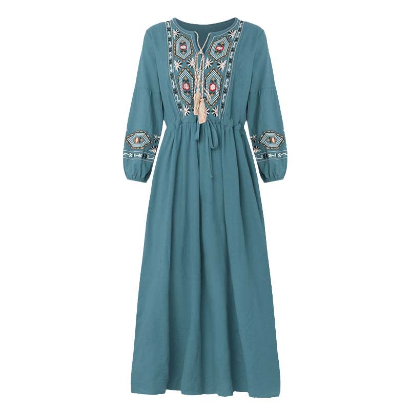 Robe d'été bohème en lin et coton mi-longue ample brodée pour femme robe de soirée