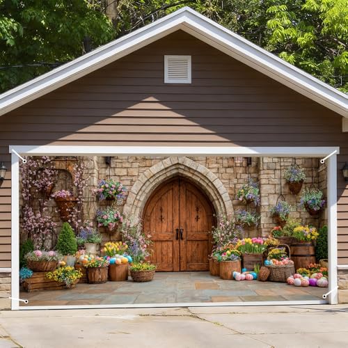 Image of Spring Castle Door Garage Cover 157x70 inch Floral Baskets Colorful Eggs Stone Arch European Outdoor Mural Banner Waterproof Home Decor