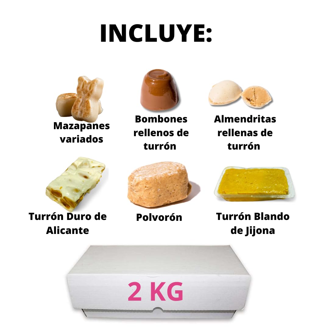 Surtido de Mazapán y Turrón, Caja de 2 Kg, Variedad de Mazapanes, Bombones, Almendras, Turrón Duro, Polvorón y Turrón Blando