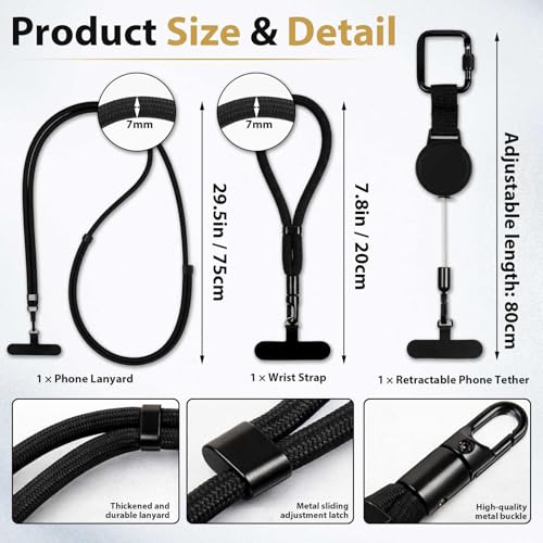 Whimsibelle 3 Pcs Phone Lanyard Set Retractable Wrist Strap 7mm Black Cord - image 2