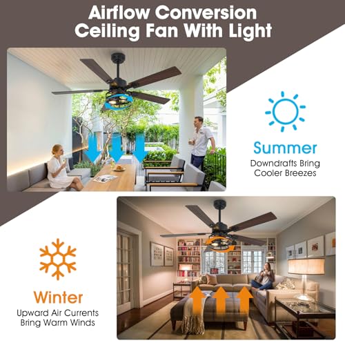 52" Farmhouse Ceiling Fans with Lights and Remote, Outdoor Ceiling Fan Dual Finish 5 Blades 6-Speed Quiet and Reversible DC Motor, Ceiling Fan with Light for Bedroom Living Room and Patio