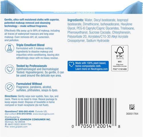 Image of Neutrogena Makeup Remover Wipes, Fragrance-Free, 25 Count (Pack of 24)